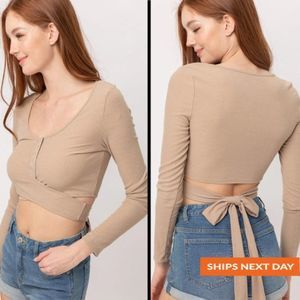 Knit Button Waist Strap Top - Long-Sleeve Crop Top - Tie-Waist Top